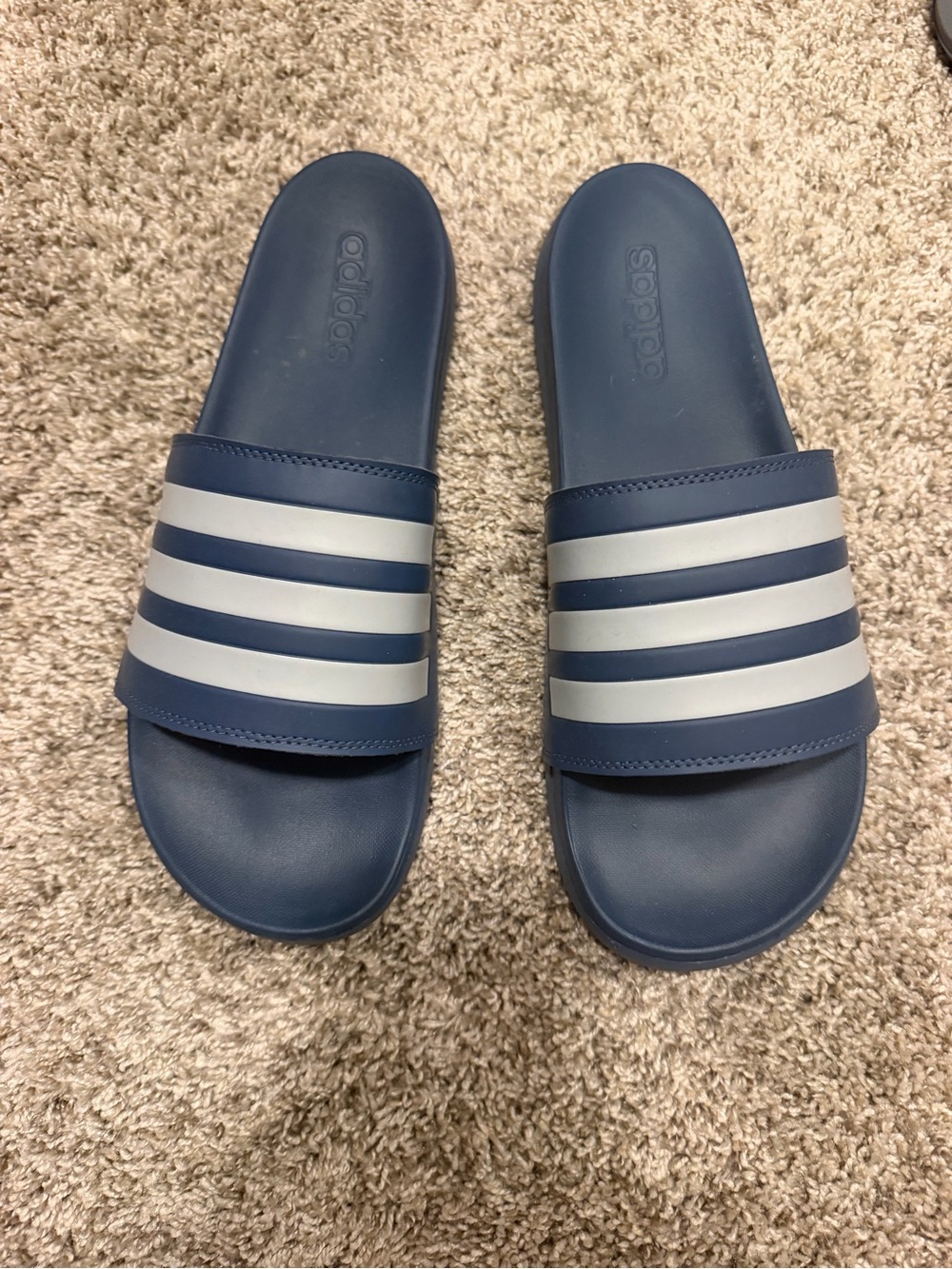 adidas Navy Slide Sandals with Light Gray Stripes